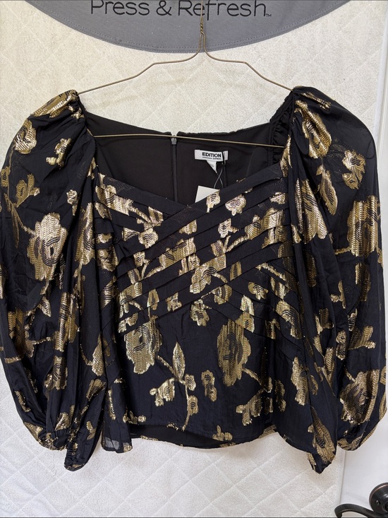 Express Tops - Express Black and Gold Floral Puff-Sleeve Blouse